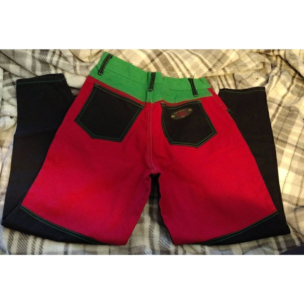 💕Jokko Vintage Jeans Sz 11 Red, Green, Black Color Block Denim. Waist 14.5' Ris